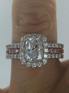 Stunning 2.25 ctw Cushion Clear & Pink CZ 925 Silver 2 Piece Ring Set Size 8 - Picture 1 of 6
