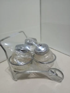 3-piece Mini Glass Salt, Pepper, and Condiments Jar with Spoon in Caddy Sealed - Picture 1 of 6