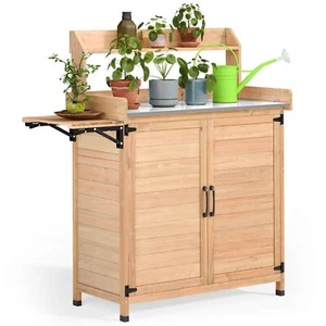 Garden Potting Bench Table Outdoor Patio Wooden Storage Cabinet Metal Tabletop - Picture 1 of 16