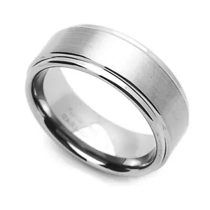 8MM Comfort Fit Tungsten Carbide Wedding Band Grooved Edges Brushed Ring - Picture 1 of 3
