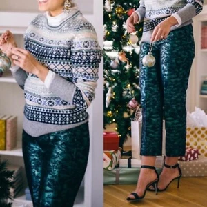 Neu mit Etikett J. Crew Hose Damen 0 immergrün Jacquardgrün schwarz metallic Terrasse - Bild 1 von 12
