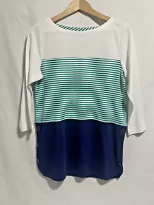 Rafaella 3/4 Length Sleeve Top Spectra Green Stripe White Blue Size Small NWT - Picture 1 of 11