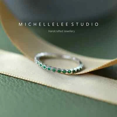 Minimalist Sterling Silver Ring with Green CZ Crystals, Green Crystals Ring - Image 1 of 4