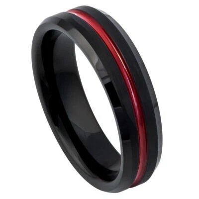 Tungsten Ring Band Red IP Plated Grooved Center For Men & Women - Image 1 of 4