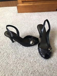 Nine West Karoo Slingback Pumps Open Toe Platform Black Leather Size 6M - Picture 1 of 7