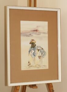 SUSAN M RIDYARD Watercolour Painting of Victorian Children Paddling in the Sea