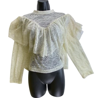 Blusa Zara Grande Western Prairie Boho Renda Babado Transparente Manga Longa Creme Marfim - Imagem 1 de 4