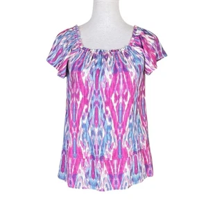 Another Love NWT XS Purple Blue Ikat Print Linen Blend Ruffle Short Sleeve Top - Picture 1 of 13