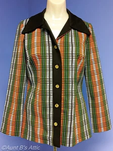 Vintage 70s Plaza Square Fall Color Polyester Plaid Wide Collar Blouse Small - Picture 1 of 7