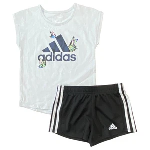 Adidas Girls 2pc Blue Short Sleeve T-Shirt Tee & Black Shorts Set 6 - Picture 1 of 1