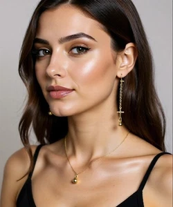 New 1928 14kt Gold Dipped Cross Linear Chain Dangle Christian Jewelry Earrings  - Picture 1 of 5