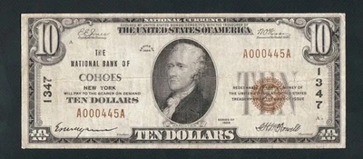 RARE NATIONAL BANK OF COHOES 1929 $10, CHARTER# 1347. LOW SERIAL NUMBER  - Image 1 of 2