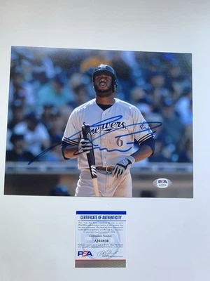 LORENZO CAIN MILWAUKEE BREWERS SIGNED AUTOGRAPHED 8x10 PHOTO BASEBALL PSA COA - Image 1 of 3