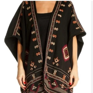 Lucky Brand Boho Aztec Poncho Cope Black Knit Womans One Size Embroidered - Picture 1 of 12