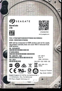 ST4000LM024 P/N: 2AN17V-566 F/W: 0001 S/N: WCK4Q 4TB OCT 2019 THAILAND SEAGATE - Picture 1 of 2
