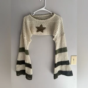Widirara Häkel Cropped Pullover Pulli Damen Glockenärmel Stern gestreift Boho - Bild 1 von 8