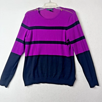 Suéter Lauren Ralph Lauren Talla XL Púrpura Negro Rayas Dorado Cremalleras de Hombro Foto 1 de 4
