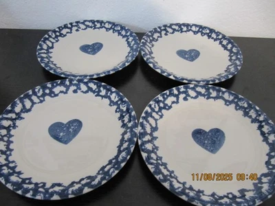 Винтажный набор из 4 салатных тарелок Folk Craft от Tienshan-Sponge Blue Heart 7,5 дюйма - Изображение 1 из 4