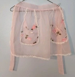 Grembiule vintage, motivo rosa rosa trasparente rosa, doppia tasca anni 50 60 retrò - Foto 1 di 3
