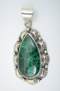Malachite Sterling Silver Cabochon Teardrop Drop Pendant Native Navajo Vtg - Picture 1 of 12