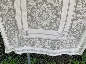 Antique French Figural Handmade Filet Lace Cherubs Tablecloth Beige - 46" x 46" - Picture 1 of 14