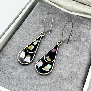 Vintage Alpaca Mexico Abalone Hook Dangle Drop Earrings Paua Shell Silver Tone - Picture 1 of 7
