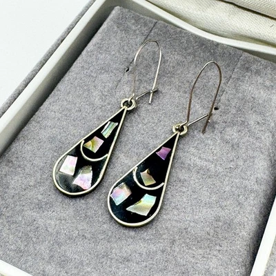 Vintage Alpaca Mexico Abalone Hook Dangle Drop Earrings Paua Shell Silver Tone - Image 1 of 4
