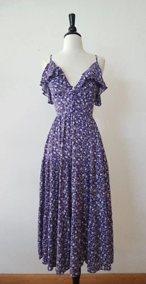 Vestido Anthropologie Midi Nuevo Talla Mediana Floral Púrpura Volantes Bridgerton Boho Foto 1 de 4