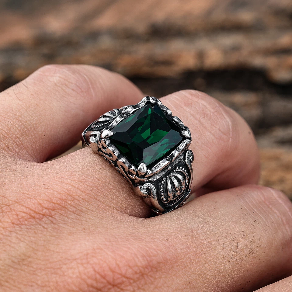 Geniales anillos de piedra negra ágata verde estilo motociclista punk de acero inoxidable para hombre Foto 1 de 4
