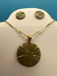Pyrite (Copper Tone) Sun Stone Dollar Rare Pendant Chain & Post Earrings Vintage - Picture 1 of 16