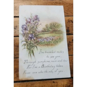 Antike Geburtstagspostkarte mit Blumeniris Illustration & Gedicht unverpostet - Bild 1 von 2