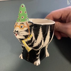 Tom Hatton Black & White Cat Coffee Tea Cup Signed Orange Glasses Green Yellow - Picture 1 of 3