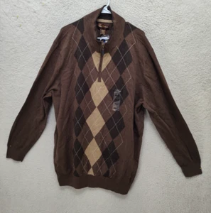 Maglione uomo Oak Hill 2XLT marrone a quadri 100% cotone manica lunga 1/4 zip pullover - Foto 1 di 19