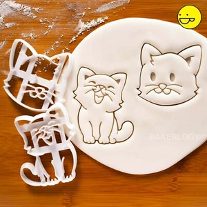 Set of 2 Cat cookie cutters | cute happy cats kitty birthday cake treat biscuit - Picture 1 of 10