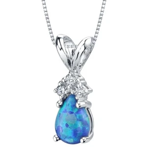 "Colgante de diamante ópalo azul creado en forma de pera de 0,5 quilates de oro blanco de 14 quilates, 18" - Imagen 1 de 4