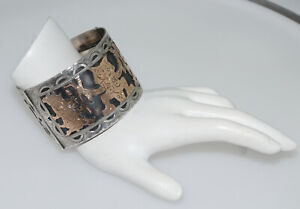 Vintage 900 Silver 10k Gold Aztec Mayan Warrior gods Overlay Wide Cuff Bracelet