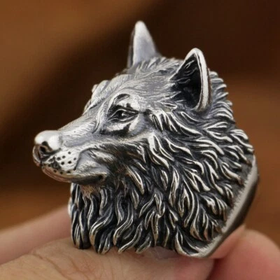 925 Sterling Silver Huge Heavy Handmade Wolf Ring Mens Biker Punk Ring TA90A - Image 1 of 4