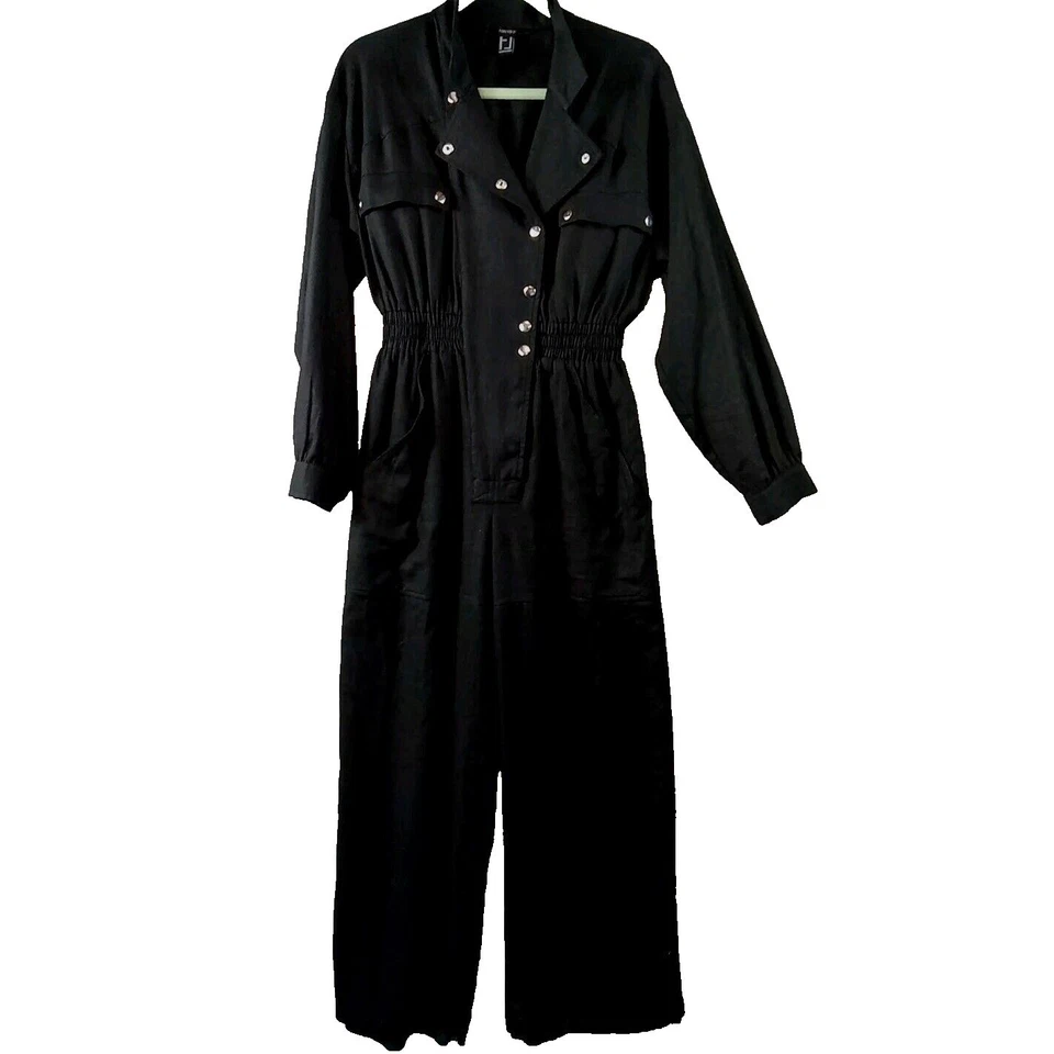 Mono Forever 21 Manga Larga Negro Botones a Presión Bolsillos Mezcla de Lino Y2K Talla M Foto 1 de 4