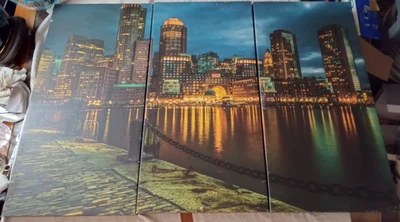 Conjunto de 3 paneles de arte de pared en lienzo BOSTON Skyline paisaje urbano escena nocturna 28x45" Foto 1 de 4