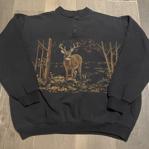 Vintage Henley Sweater Mens XL Wrap Around Deer Nature Wildlife Graphic 90s - Picture 1 of 11