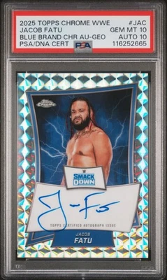 Jacob Fatu 2025 Topps Chrome WWE Blue Brand Smackdown Geo Auto PSA 10 Gem Mint - Image 1 of 3