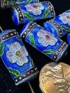 Eine Vintage Chinesische Perle Cloisonne Canton Emaille Blau Blume Blätter 22mm Röhre - Bild 1 von 6
