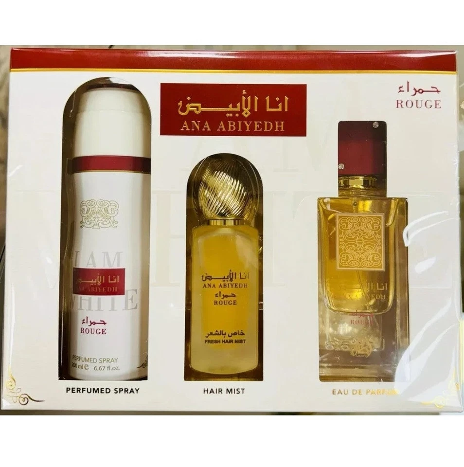 Juego de 3 piezas Lattafa Ana Abiyedh Rouge: spray EDP de 3,4 oz + niebla para el cabello + spray corporal Foto 1 de 1