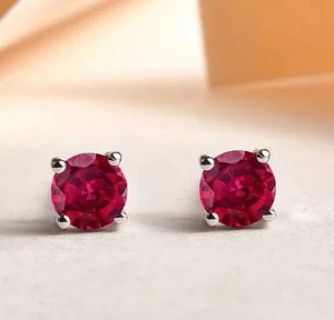 2Ct Round Lab Created Red Ruby Solitaire Stud Earrings 14K White Gold Plated - Picture 1 of 10