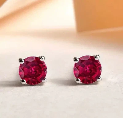2Ct Round Lab Created Red Ruby Solitaire Stud Earrings 14K White Gold Plated - Image 1 of 4