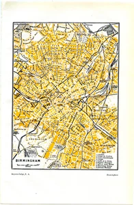 1920s Antique Map Birmingham England Great Britain City View Wall Decor - Picture 1 of 1