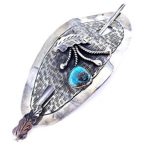 Vintage NATIVE NAVAJO Sterling Silver Turquoise Hair Pin Barrette Holder Clip - Picture 1 of 12