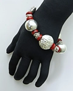 Bohemian Textured 925 Sterling Silver Large Beaded Cha Cha Stretch Bracelet - Picture 1 of 3