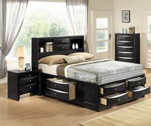 Contemporary Style 3Pc Queen Bed Nightstand Chest Set Black Finish Solidwood - Picture 1 of 8