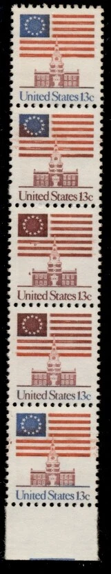 US #1622, 13¢ Flag Over Independence Hall, Strip of 5 w/Blue Color Omitted   - Image 1 of 1